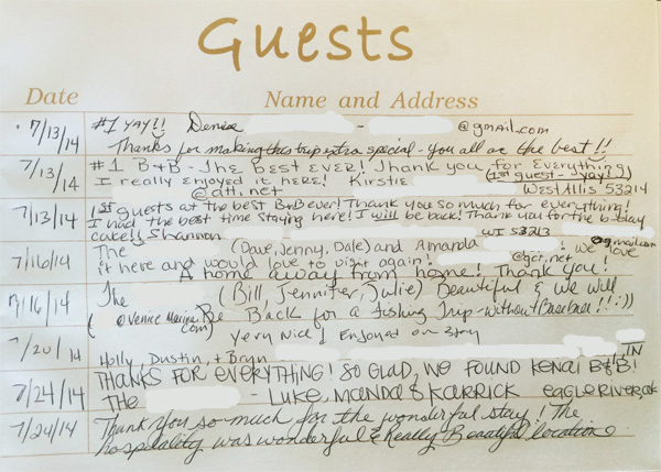 Kenai Bed and Breakfast guestbook page 1
