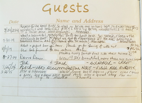Kenai Bed and Breakfast guestbook page 2